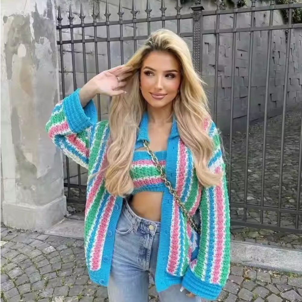 ZARA Bloggers Favorite MATCHING SET Crochet Crop Top & Cardigan Sweater Sz M